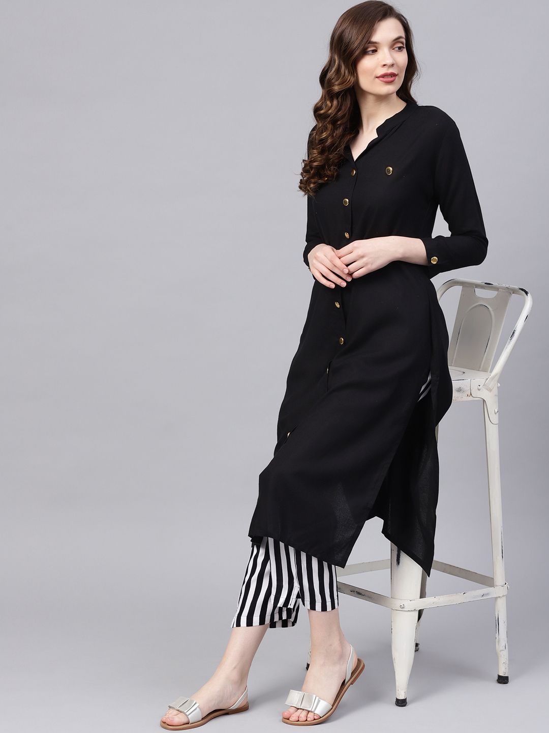 Comfy Black Rayon Solid Kurta Set with Straight Bottom and Mock Button Detailing