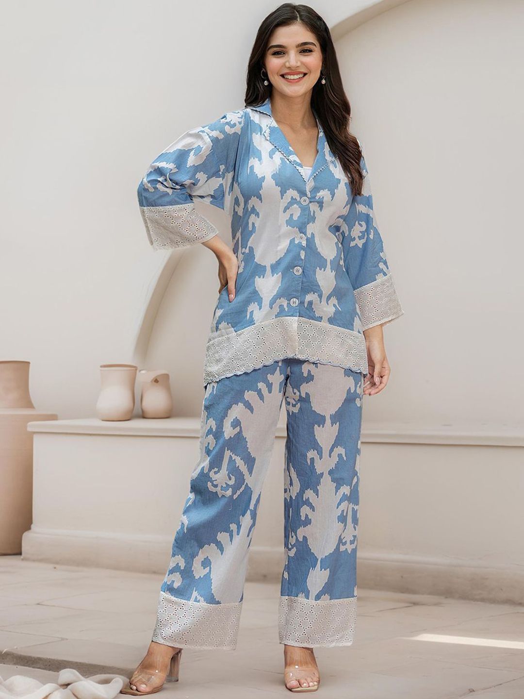 Comfy Cotton Blue Abstract Print Co-ord Set with Lace Detailing