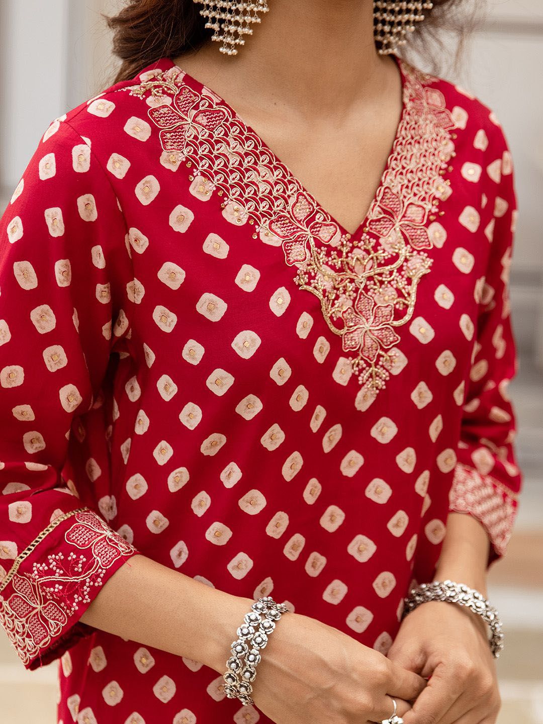 Rich Red Bead Embroidered Straight Fit Kurta Set With Straight Bottom & Soft Printed Dupatta