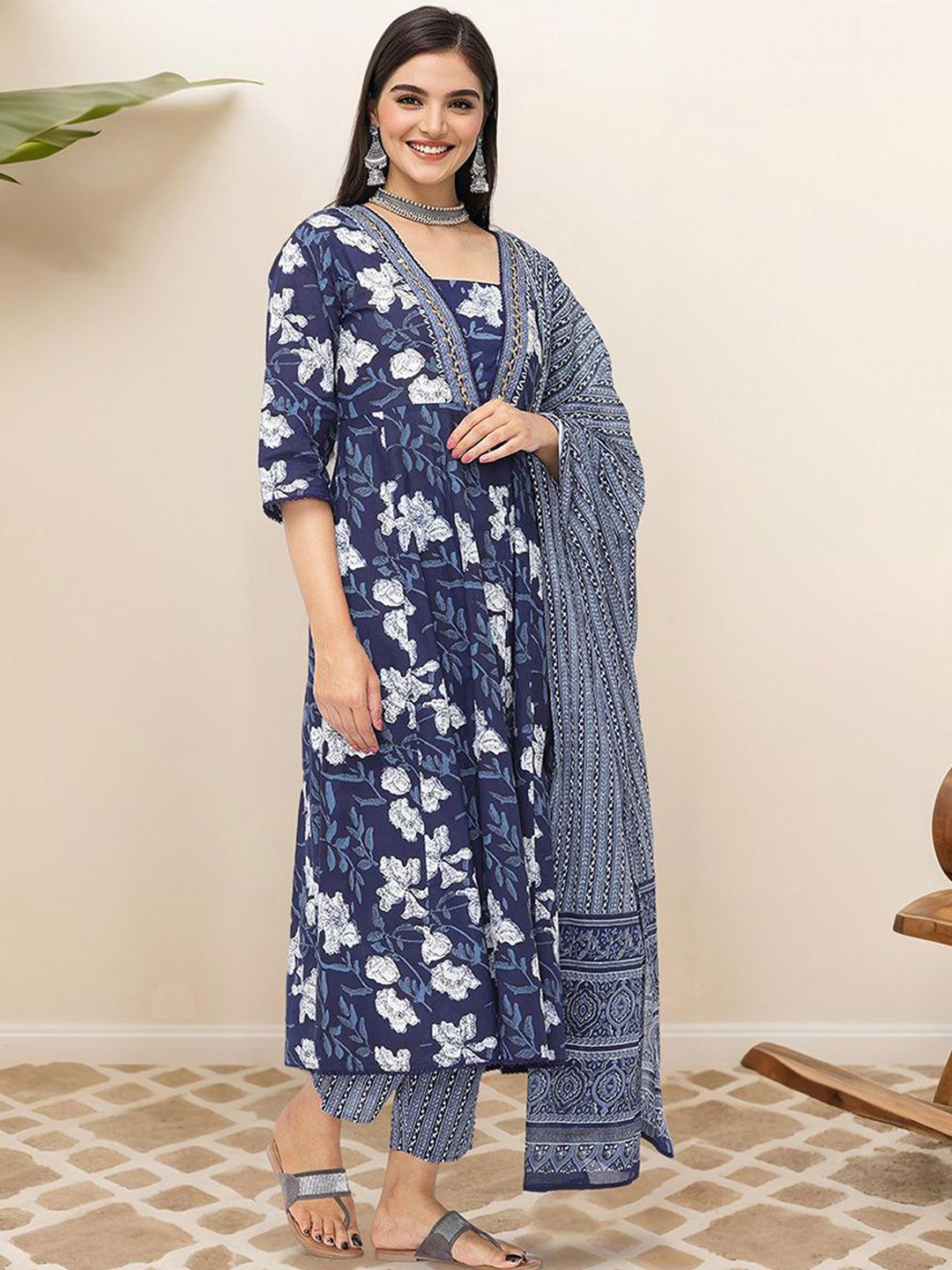 Soft Cotton Navy Blue Printed A-Line Kurta Set with Straight Bottom and Flowy Printed Cotton Dupatta