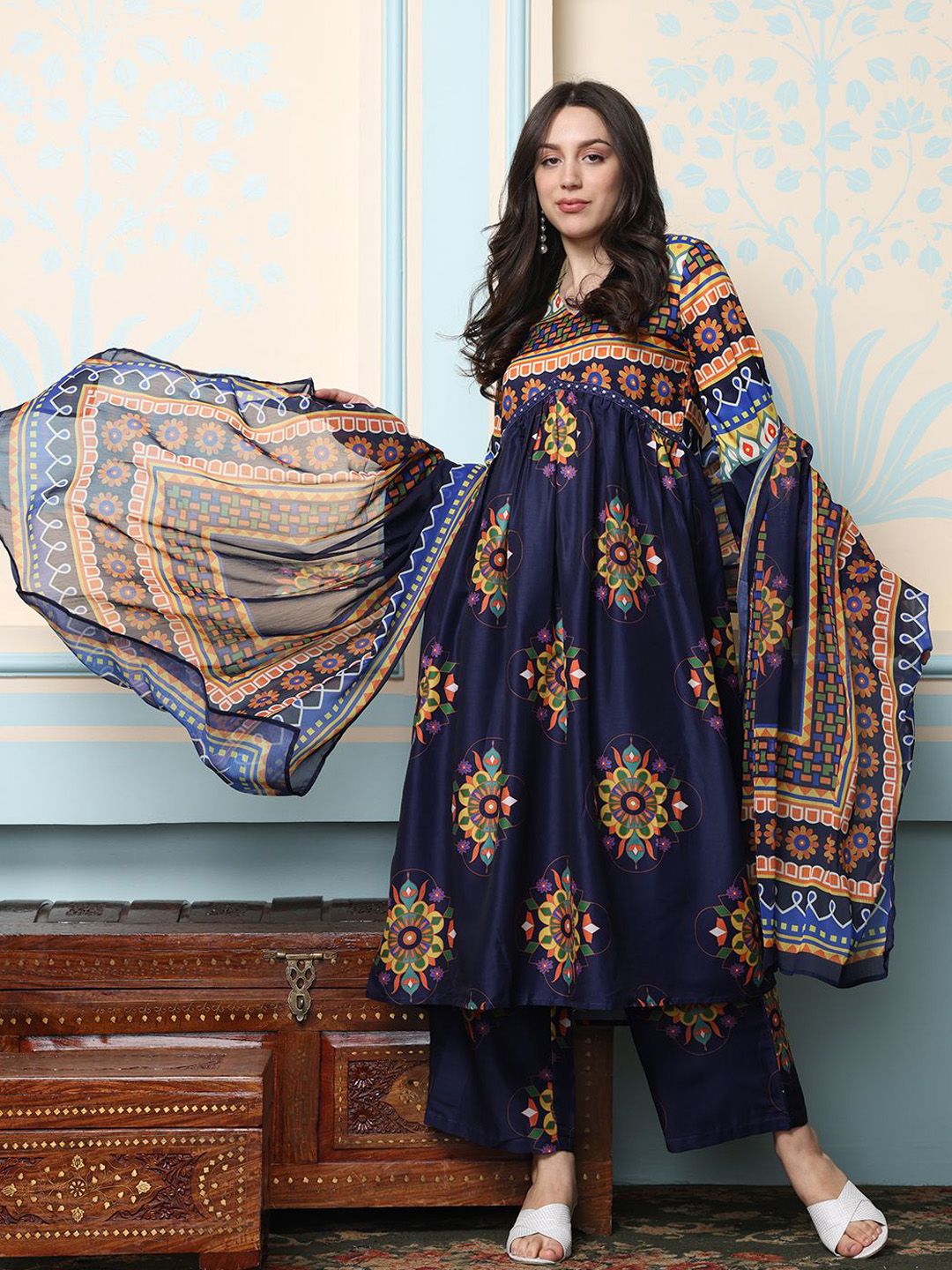 Soft Polyester Multi-Colored Floral Printed A-Line Kurta Set with Straight Bottom and Sheer Dupatta