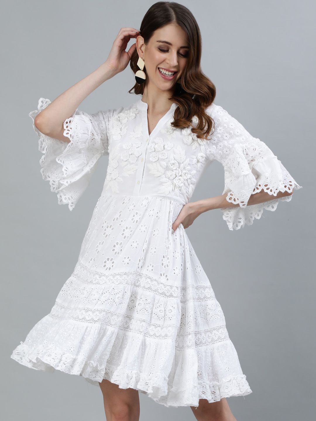 Comfy White Cotton Embellished  Fit & Flare Dress with Bell Sleeves