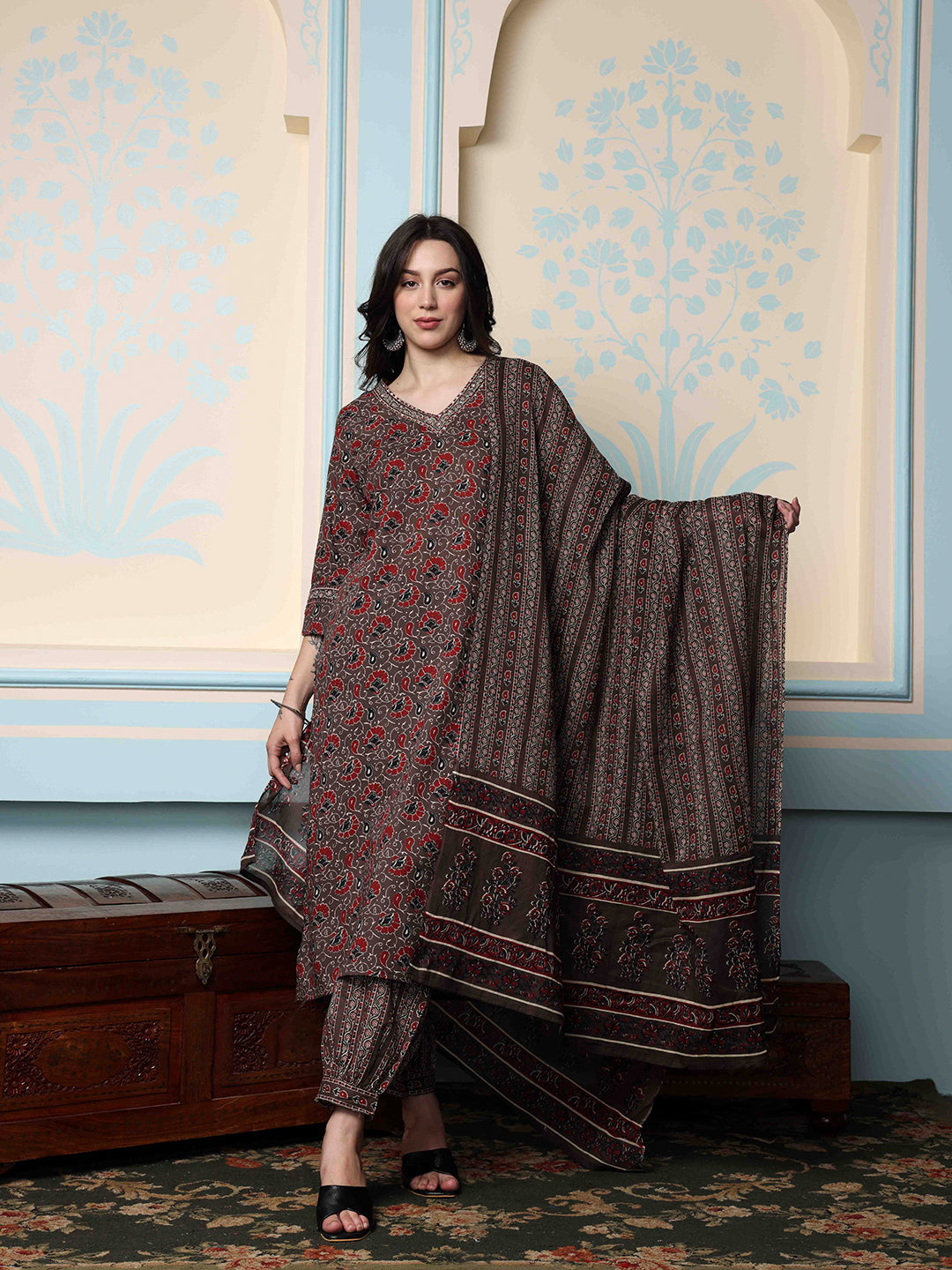 Kalamkari Printed Cotton Kurta with Trouser & Cotton Dupatta