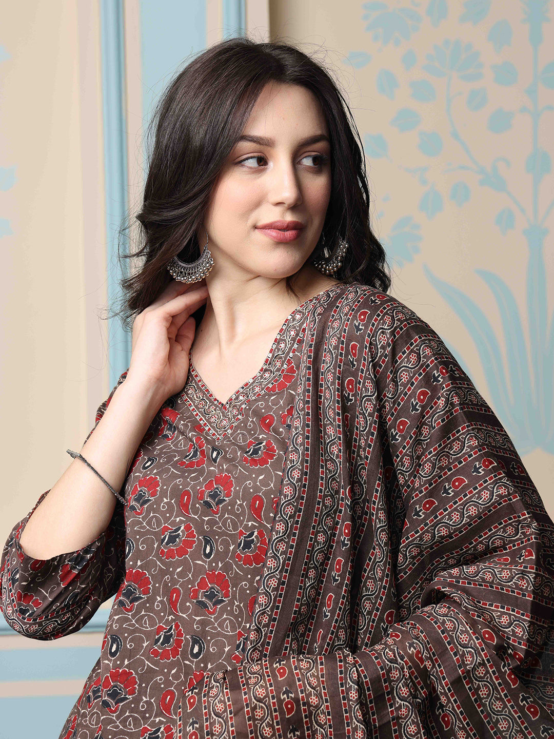 Kalamkari Printed Cotton Kurta with Trouser & Cotton Dupatta