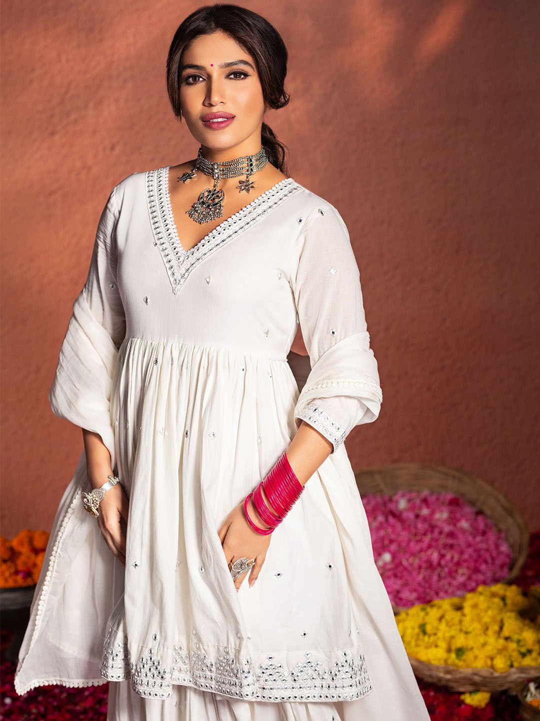 Rich White Cotton Mirror Embroidered A-Line Kurta Set with Sharara Bottom and Pure Cotton Dupatta