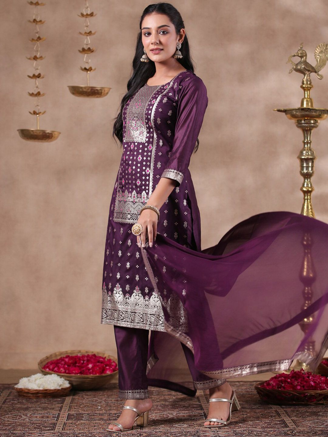 Rich Purple Poly Silk Woven Ethnic Motif Kurta Set with Straight Bottom and Sheer Voile Dupatta