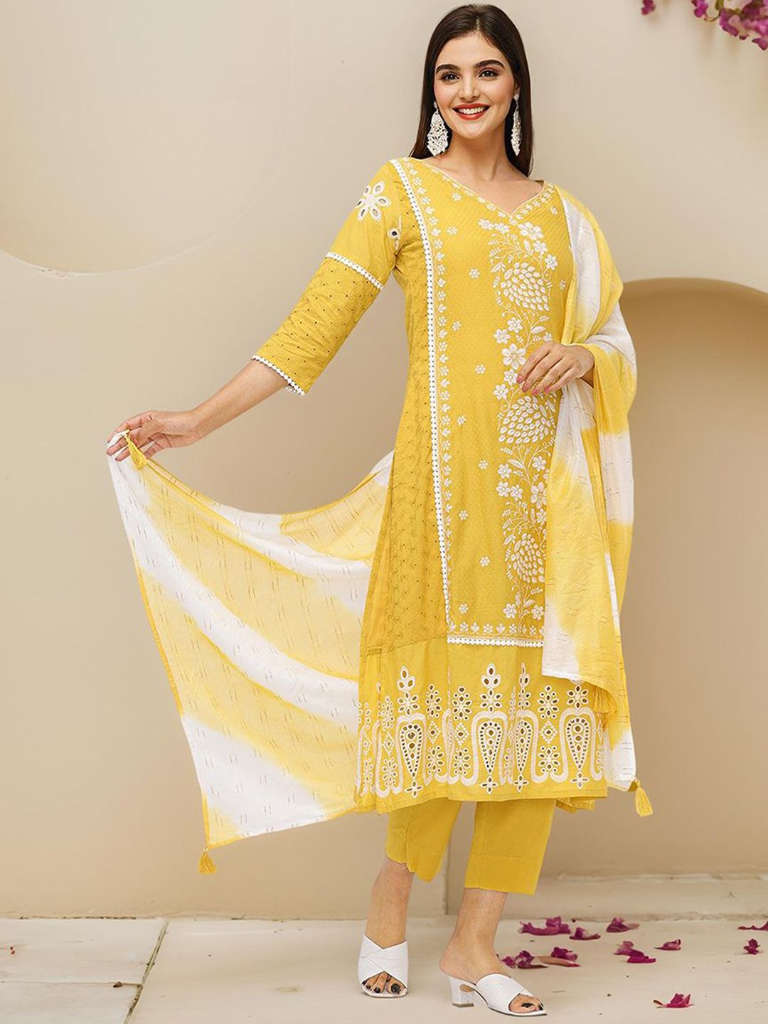 Comfy Mustard Pure Cotton Embroidered Kurta Set with Straight Bottom and Sheer Dyed Chiffon Dupatta