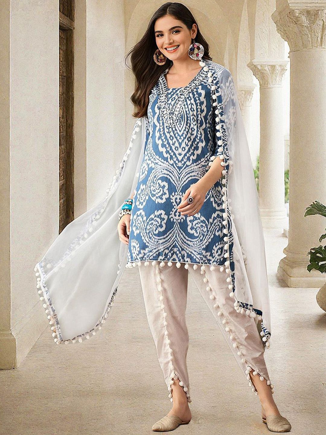 Rich Blue Mirror Work A-Line Kurta Set With Dhoti Bottom & Tassel Detailed Dupatta