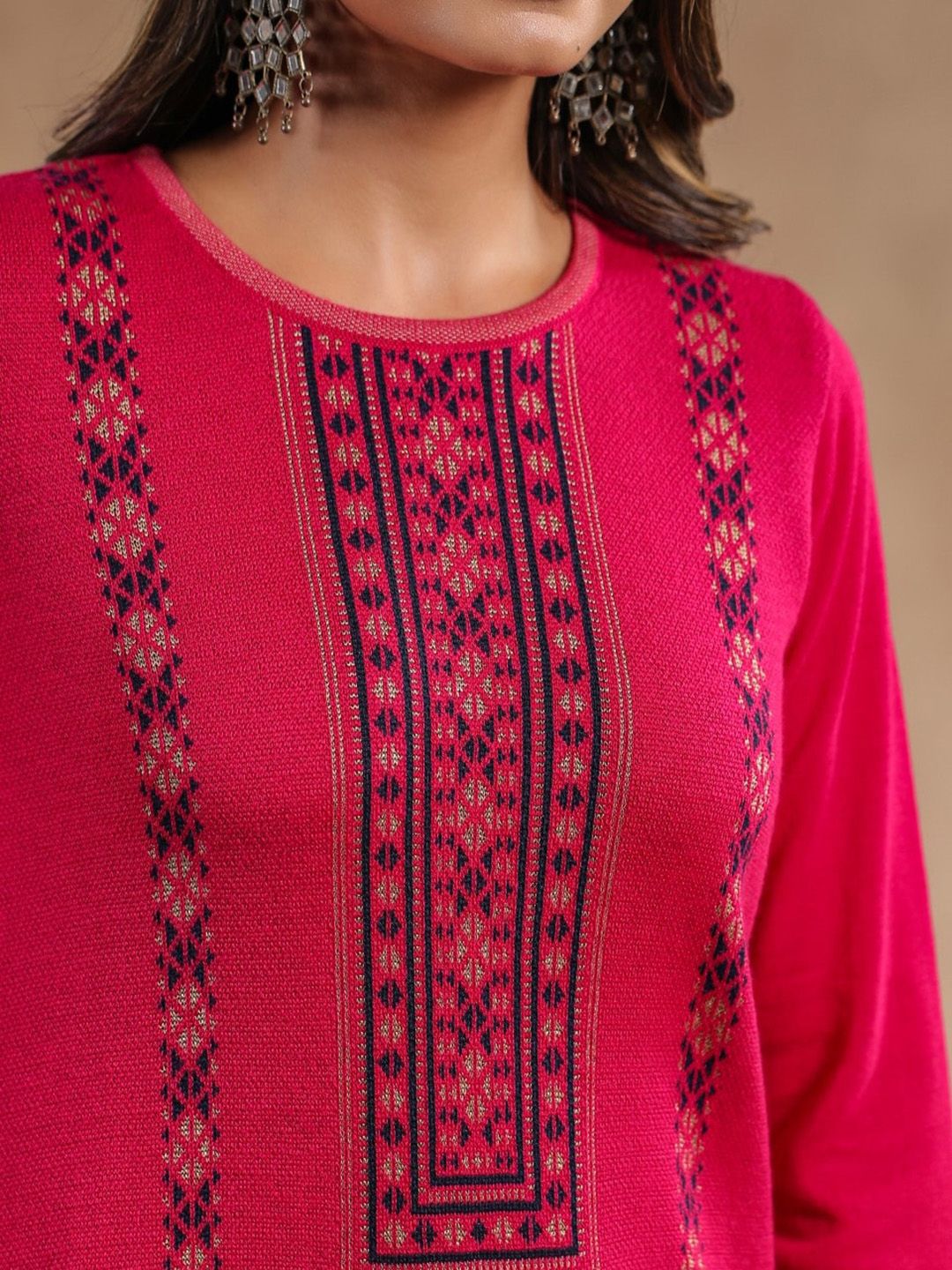 Warm Pink Acrylic Ethnic Motif Printed Kurta Set with Jacquard Knitted Design and Straight Bottom