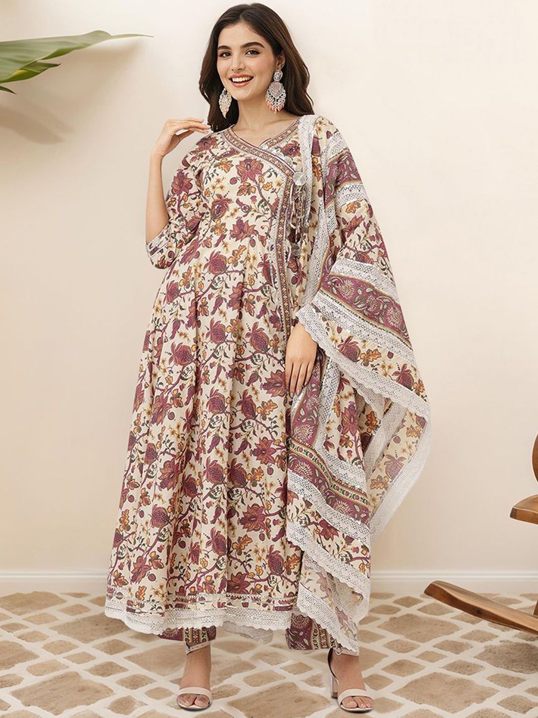 Graceful Cotton Off-white Floral Printed  Angrakha Kurta with Straight Bottom and Cotton Printed Dupatta