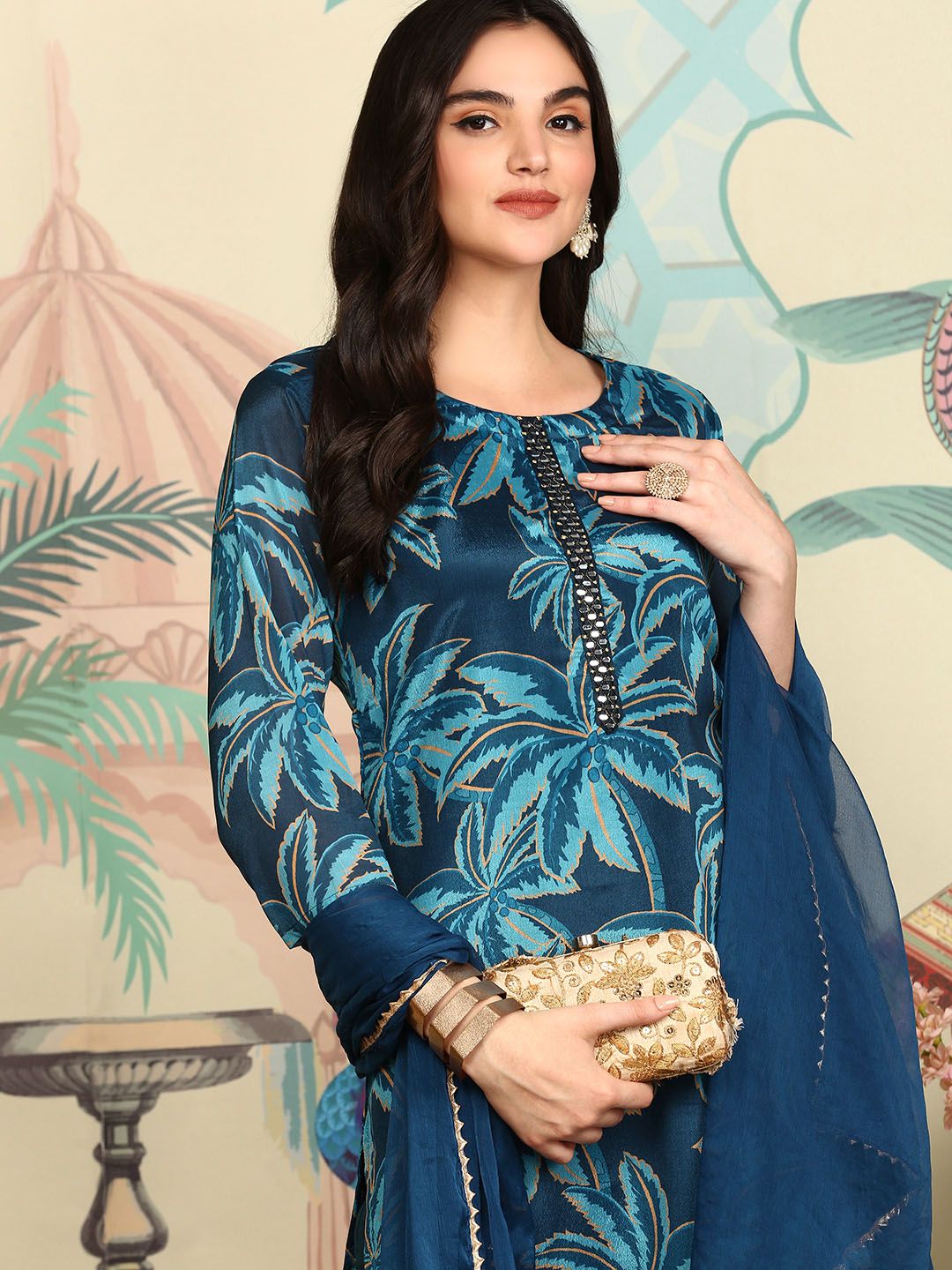 Soft Navy Blue  Printed Kurta Set with Straight Bottom and Sheer Dupatta