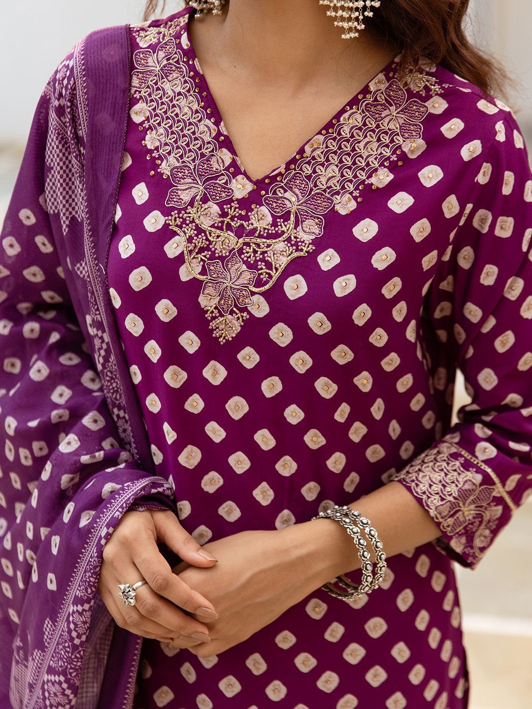 Rich Purple Bead Embroidered Straight Fit Kurta Set With Straight Bottom & Soft Printed Dupatta