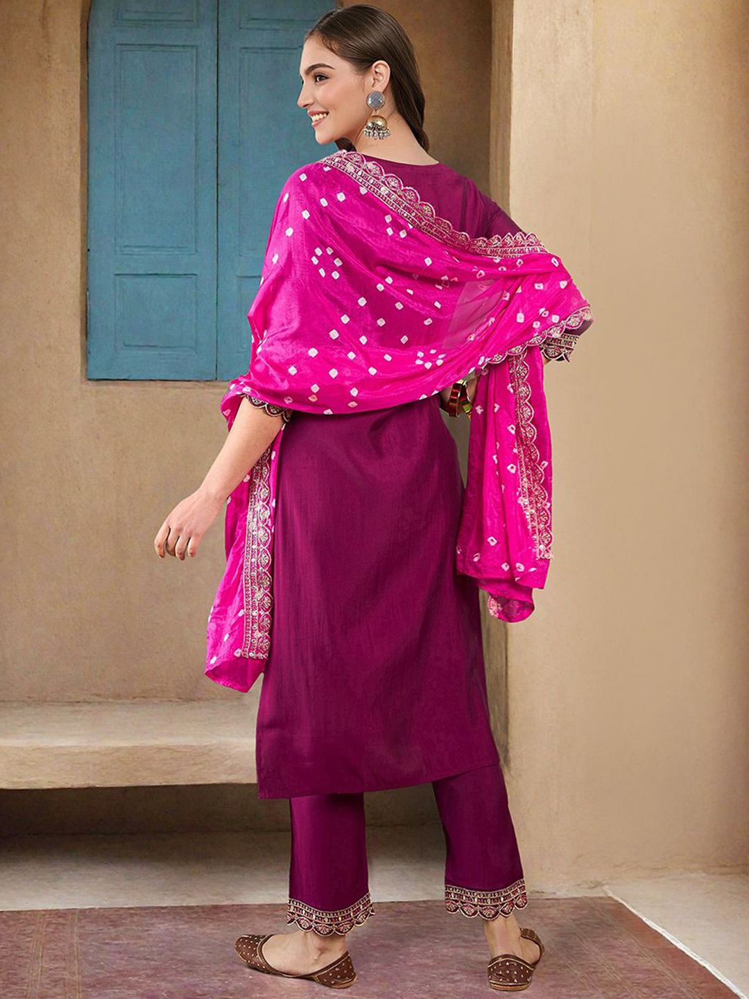 Rich Purple Silk Embroidered Straight Fit Kurta Set With Straight Bottom & Sheer Bandini Silk Dupatta