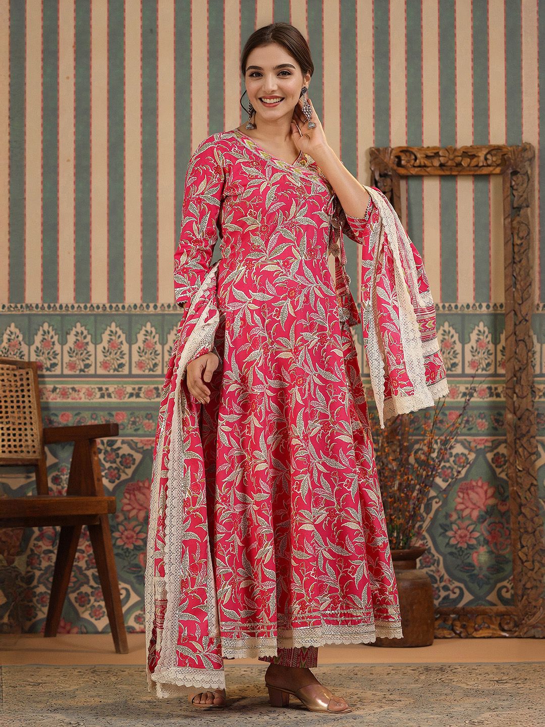 Graceful Cotton Pink Floral Printed  Angrakha Kurta with Straight Bottom and Cotton Printed Dupatta