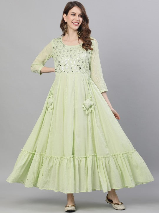 Comfy Green Cotton Mirror Work Anarkali Kurta with Flared Bottom