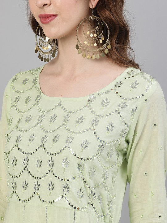 Comfy Green Cotton Mirror Work Anarkali Kurta with Flared Bottom