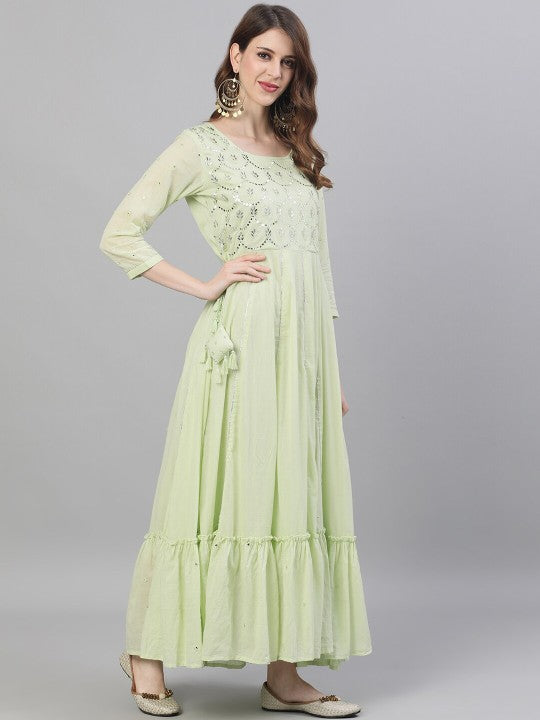 Comfy Green Cotton Mirror Work Anarkali Kurta with Flared Bottom