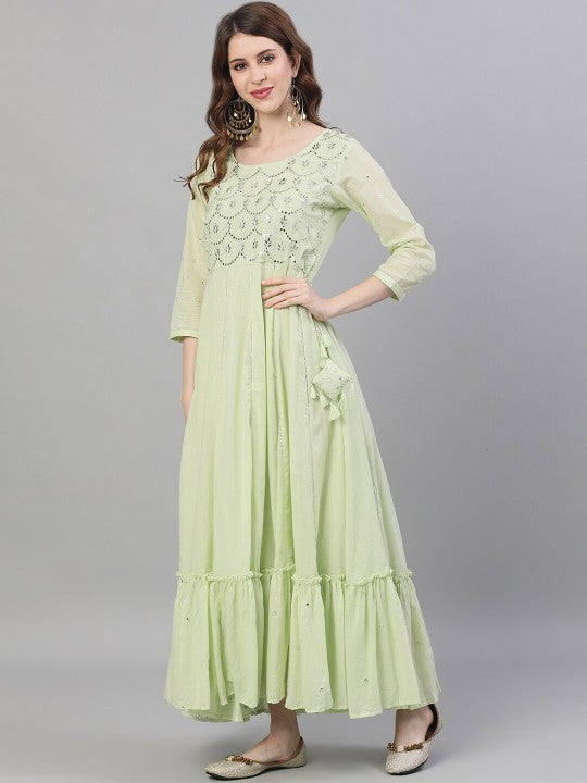 Comfy Green Cotton Mirror Work Anarkali Kurta with Flared Bottom