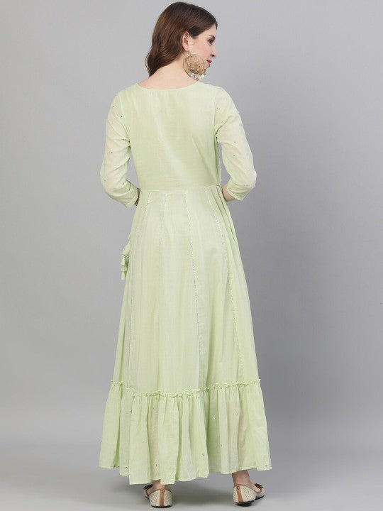 Comfy Green Cotton Mirror Work Anarkali Kurta with Flared Bottom