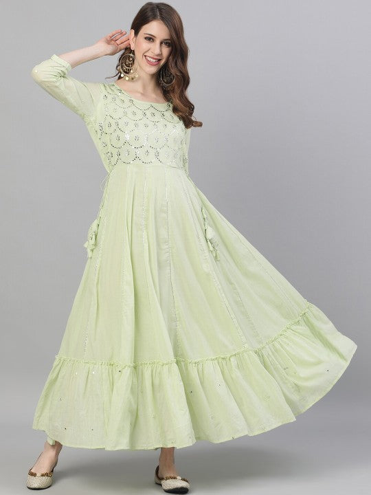 Comfy Green Cotton Mirror Work Anarkali Kurta with Flared Bottom