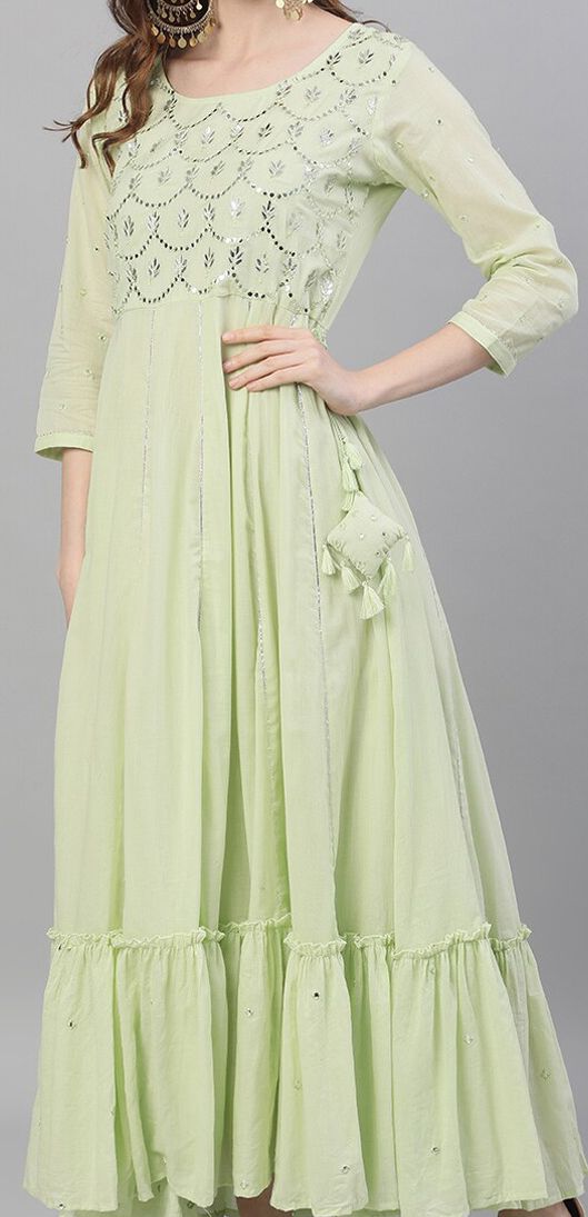 Comfy Green Cotton Mirror Work Anarkali Kurta with Flared Bottom