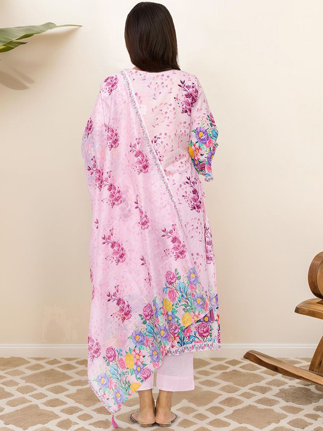 Comfy Pink Pure Cotton Floral Printed Kurta set with Straight Bottom and Flowy Dupatta