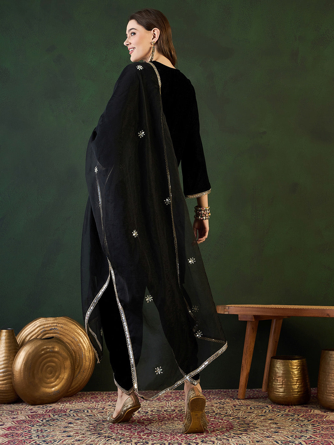 Rich Black Velvet Embroidered Straight Kurta Set With Palazzo Bottom And Dupatta