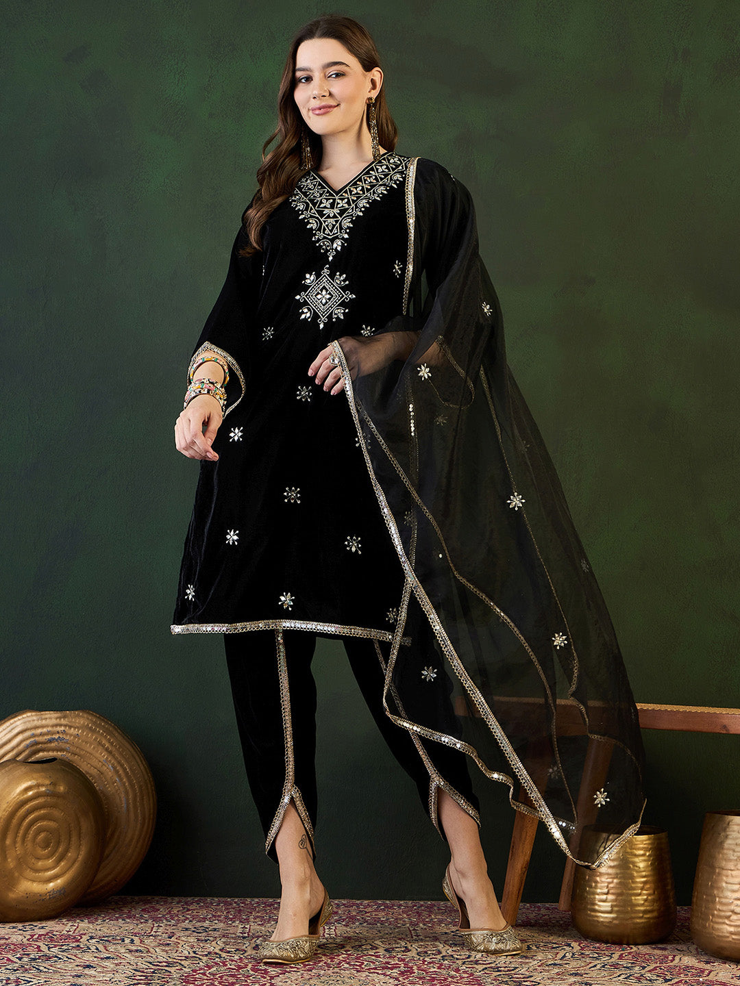 Rich Black Velvet Embroidered Straight Kurta Set With Palazzo Bottom And Dupatta