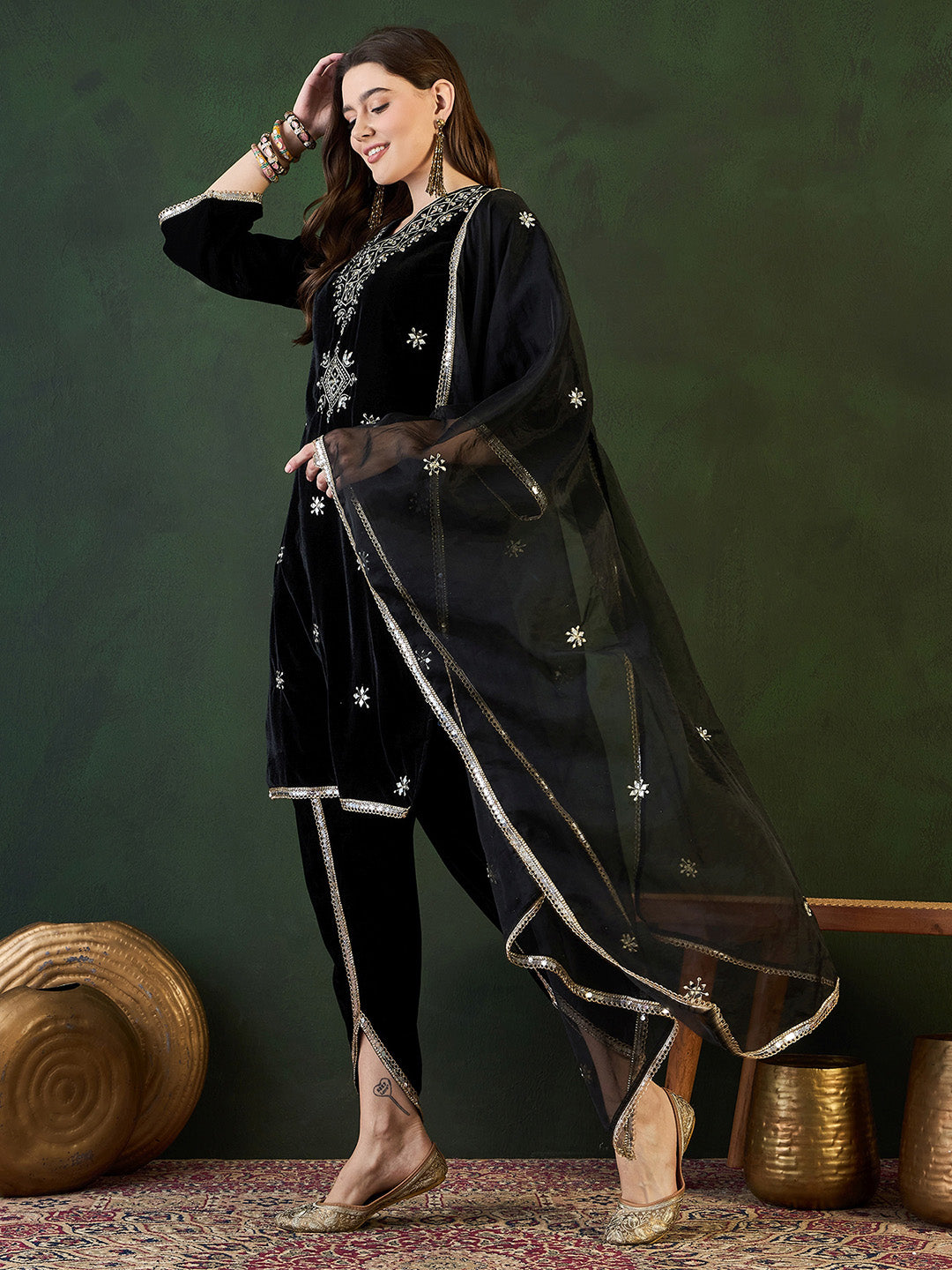 Rich Black Velvet Embroidered Straight Kurta Set With Palazzo Bottom And Dupatta