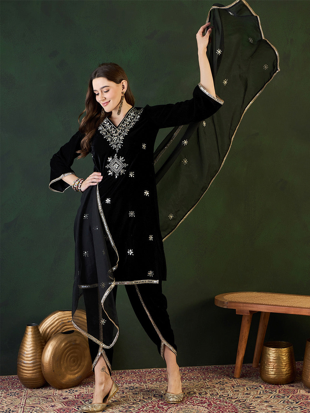 Rich Black Velvet Embroidered Straight Kurta Set With Palazzo Bottom And Dupatta