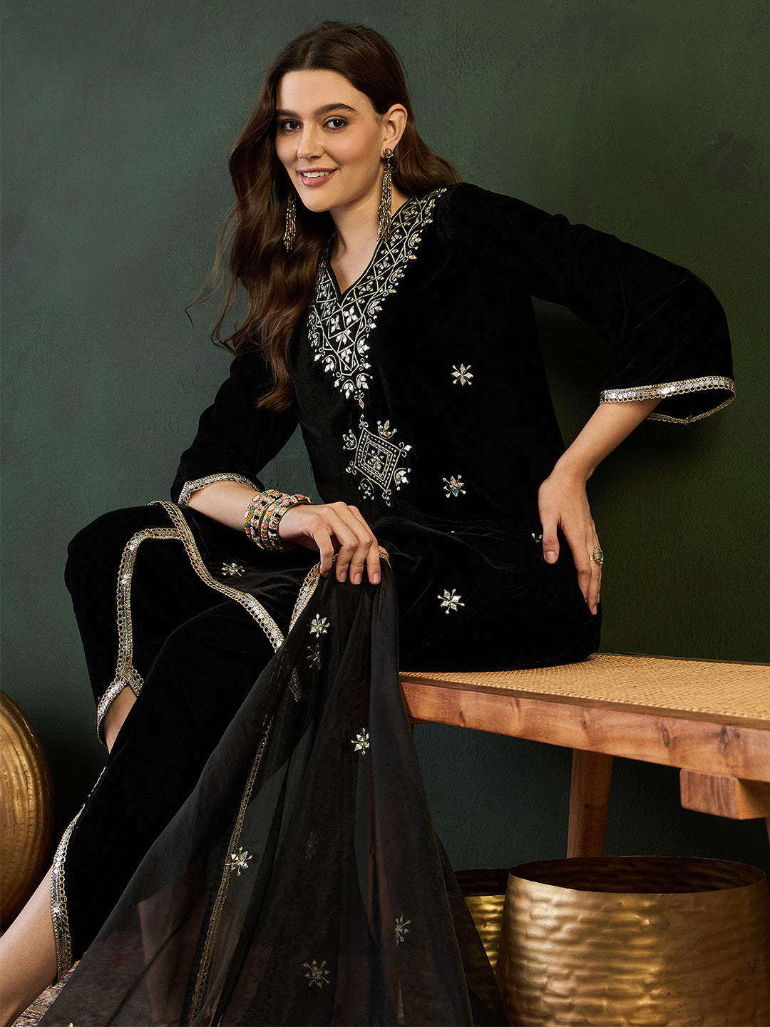 Rich Black Velvet Embroidered Straight Kurta Set With Palazzo Bottom And Dupatta