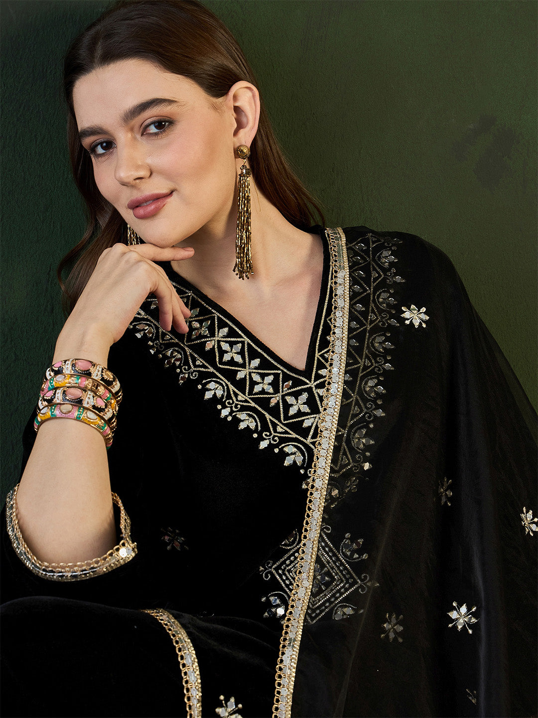 Rich Black Velvet Embroidered Straight Kurta Set With Palazzo Bottom And Dupatta