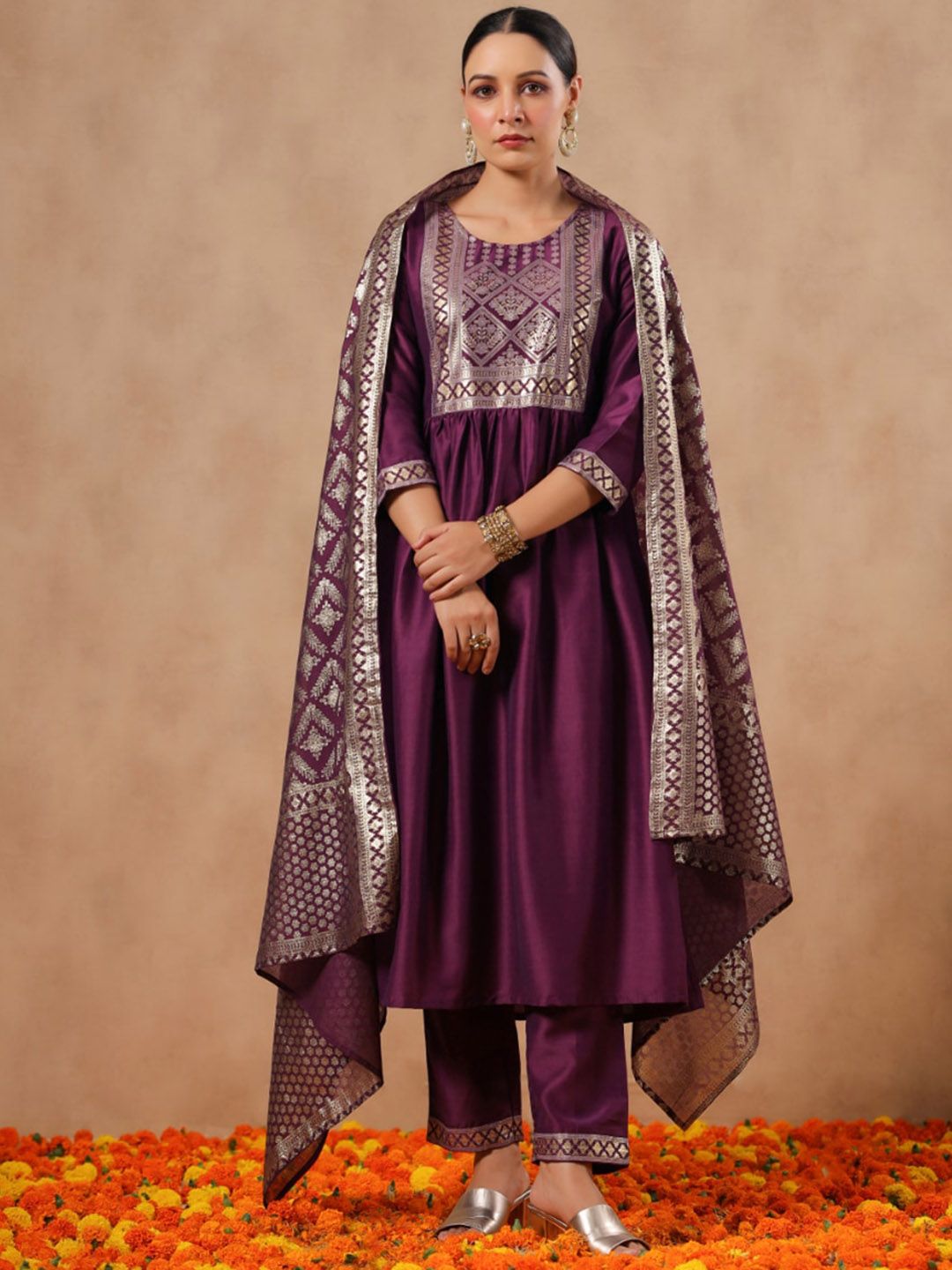 Rich Purple Poly Silk Ethnic Motif Foil Printed A-Line Kurta Set with Straight Bottom and Voile Dupatta