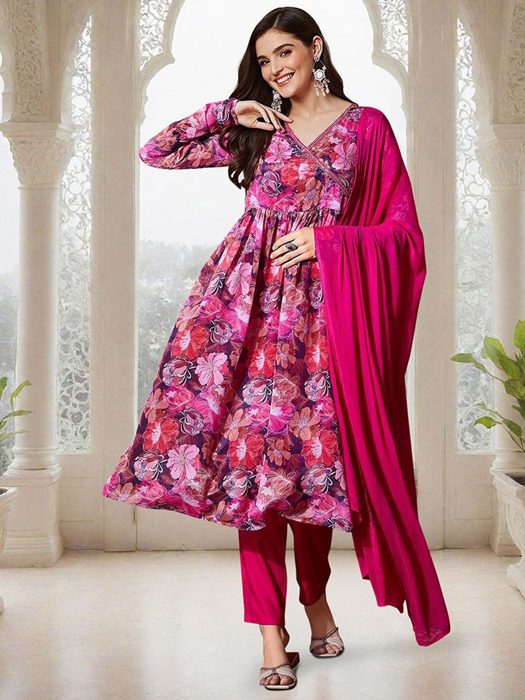 Rich Multi-Colored Chinon Sequinned Printed Angrakha Kurta Set With Straight Bottom & Solid Dupatta