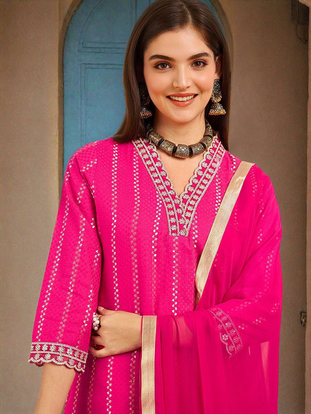 Rich Pink Cotton Sequinned Straight Fit Kurta Set With Straight Bottom & Soft Solid Dupatta