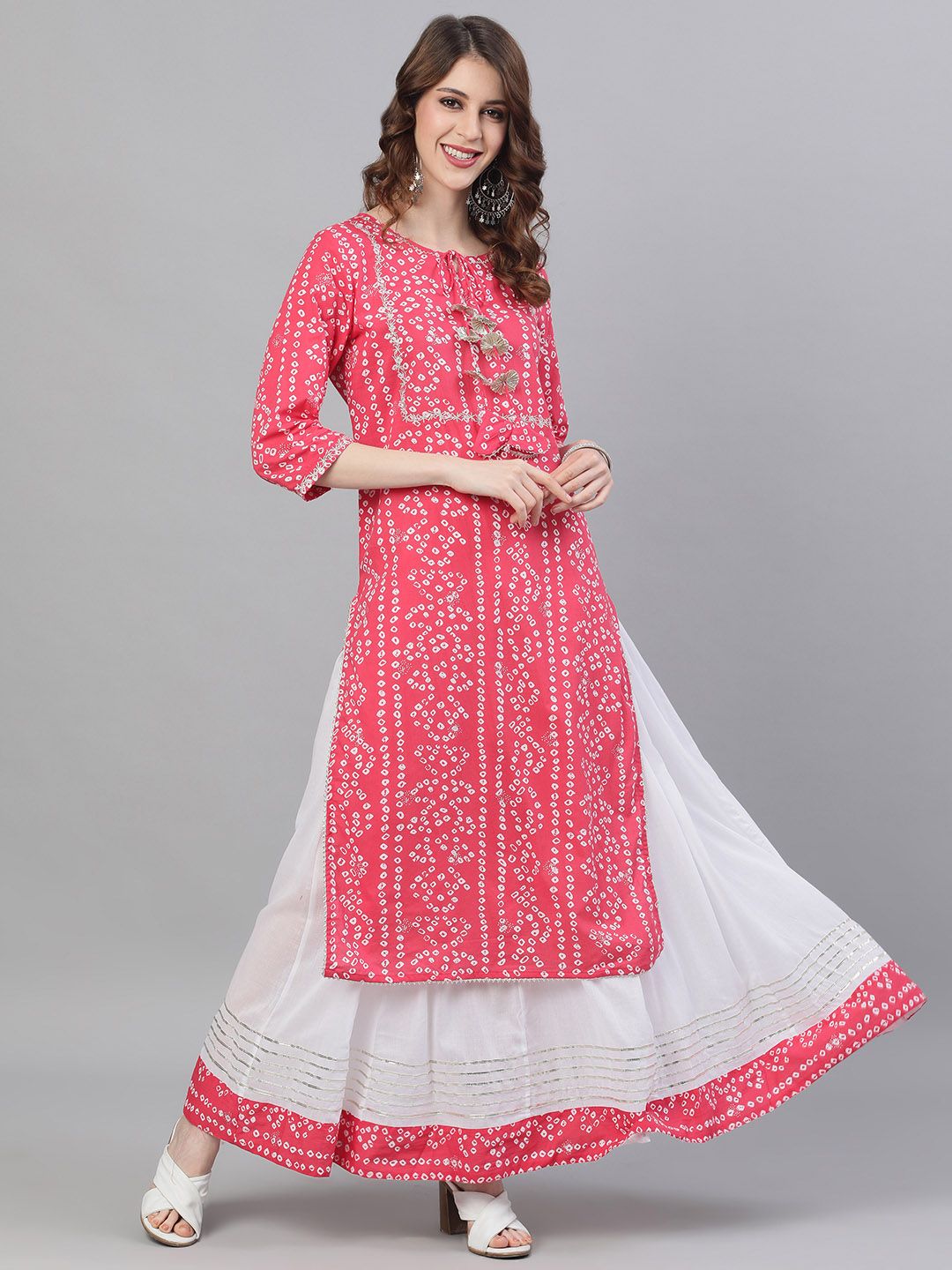 Comfy Pink Cotton Bandhani Printed Kurta Set with Flared Skirt