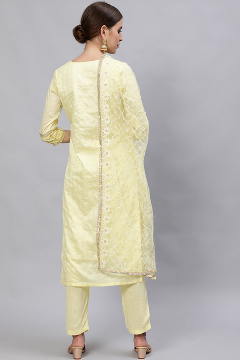 Women Yellow Embroidered Beads and Stones Kurta Set