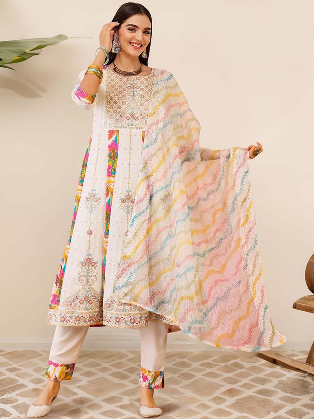 Soft Cotton Blend White Zari Embroidered A-Line Kurta Set with Straight Bottom And Sheer Net Printed Dupatta