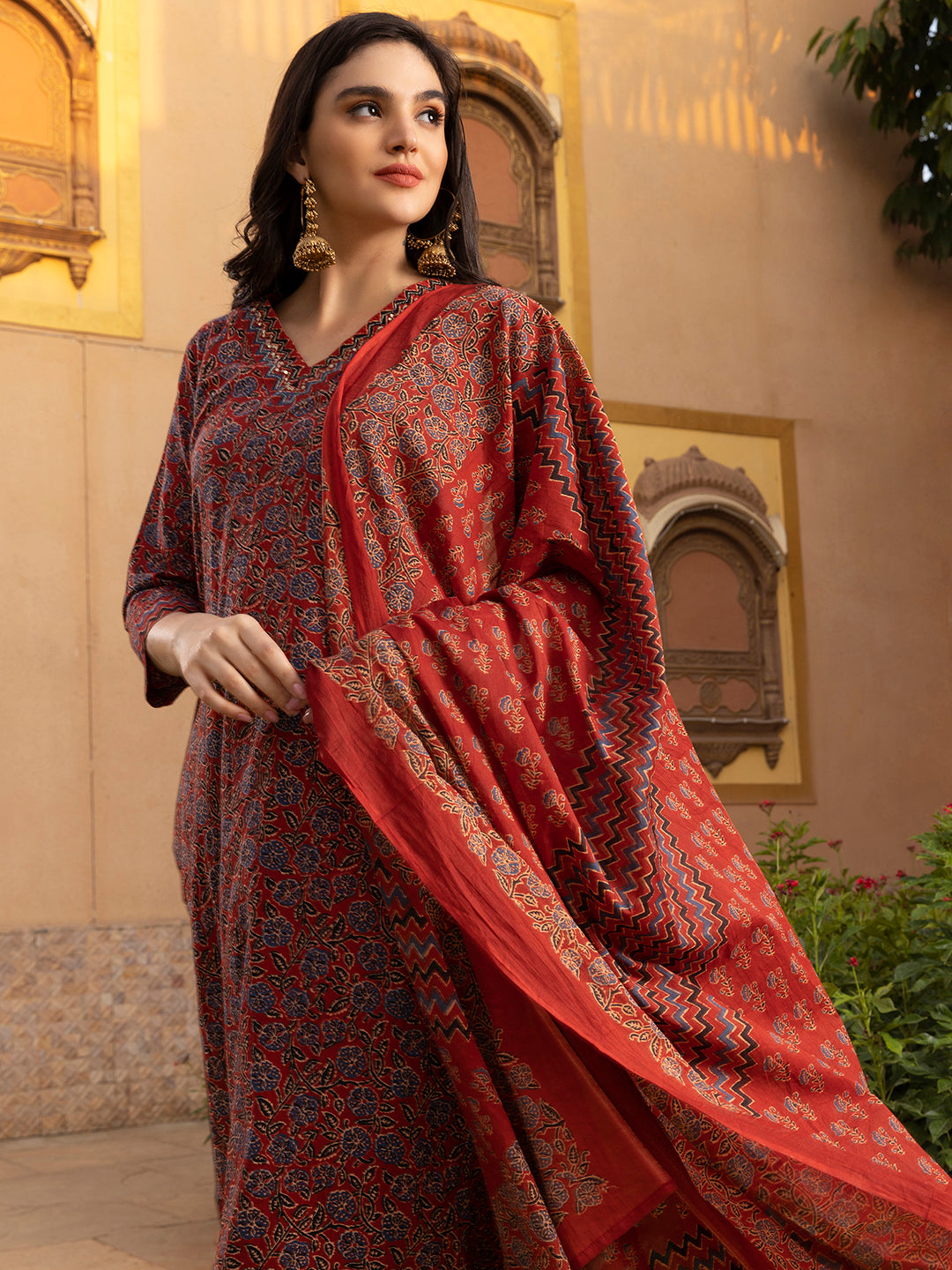 Comfy Red Cotton Floral Printed Kurta Set with Afghani Bottom and Soft Cotton Dupatta