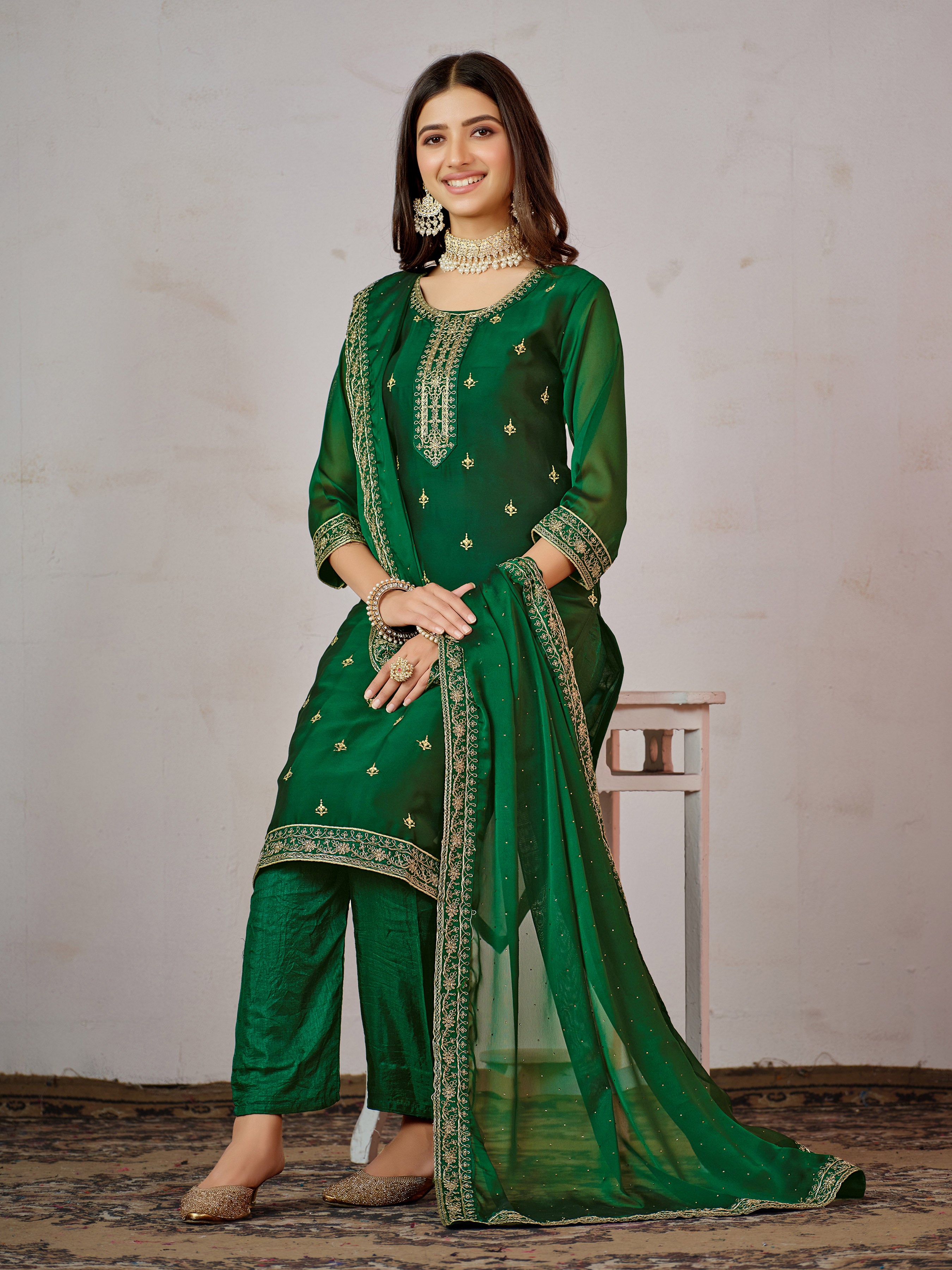 Yoke Ethnic Embroidered Straight Kurta with Trousers & Dupatta