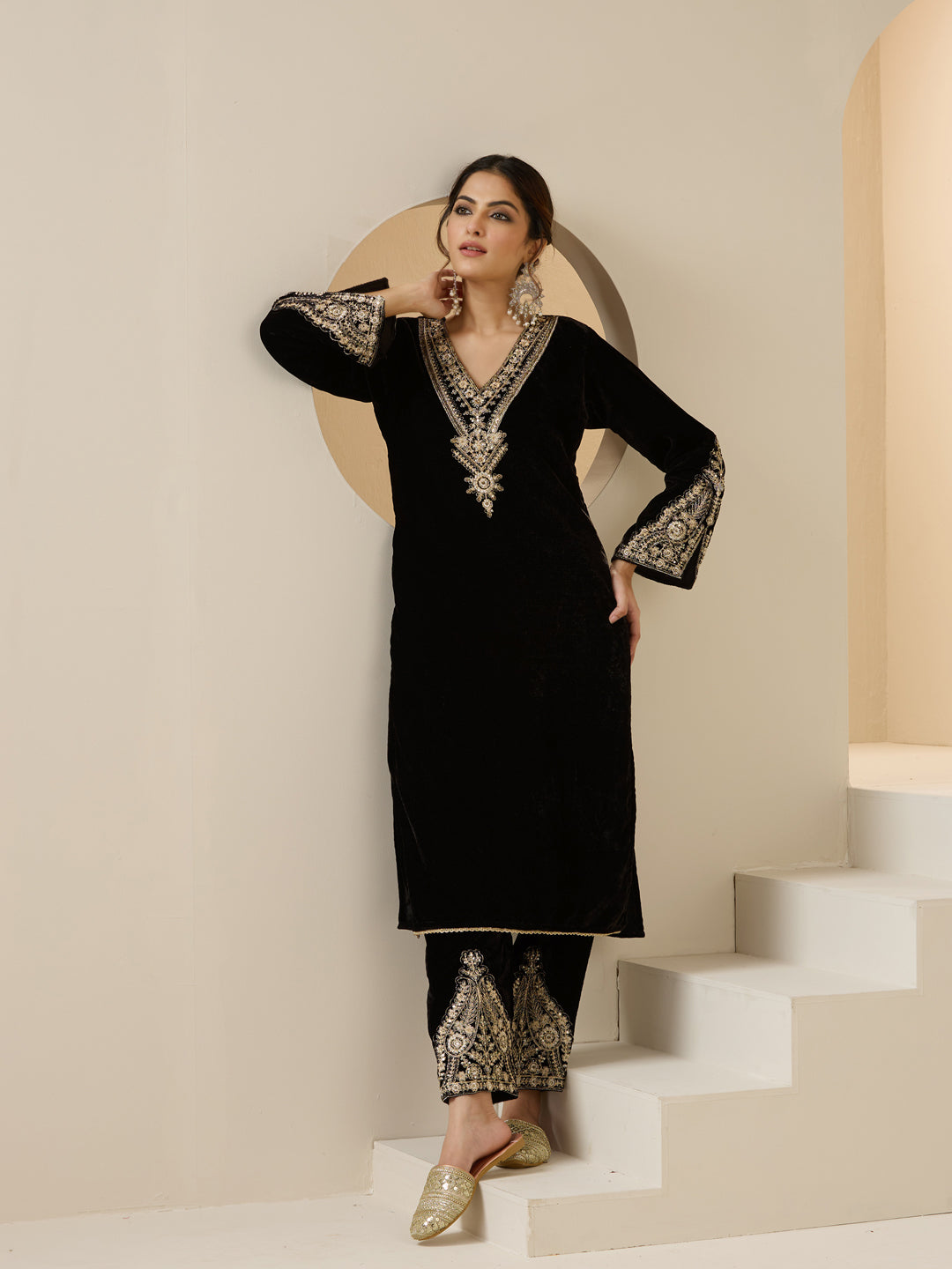 Rich Black Velvet Embroidered Straight Kurta Set With Straight Bottom