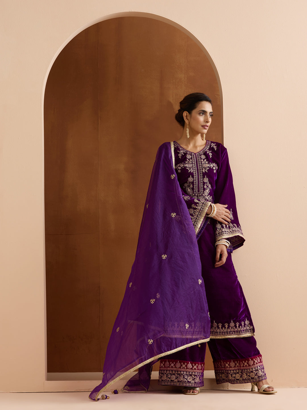 Rich Purple Velvet Embroidered Straight Kurta Set With Palazzo Bottom And Dupatta