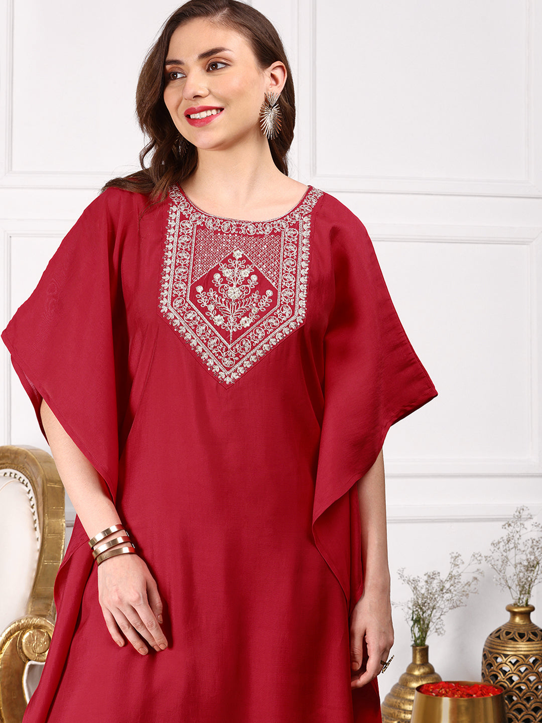 Red Floral Yoke Design Thread Work Kimono Sleeve Kaftan Kurta with Dhoti Pants