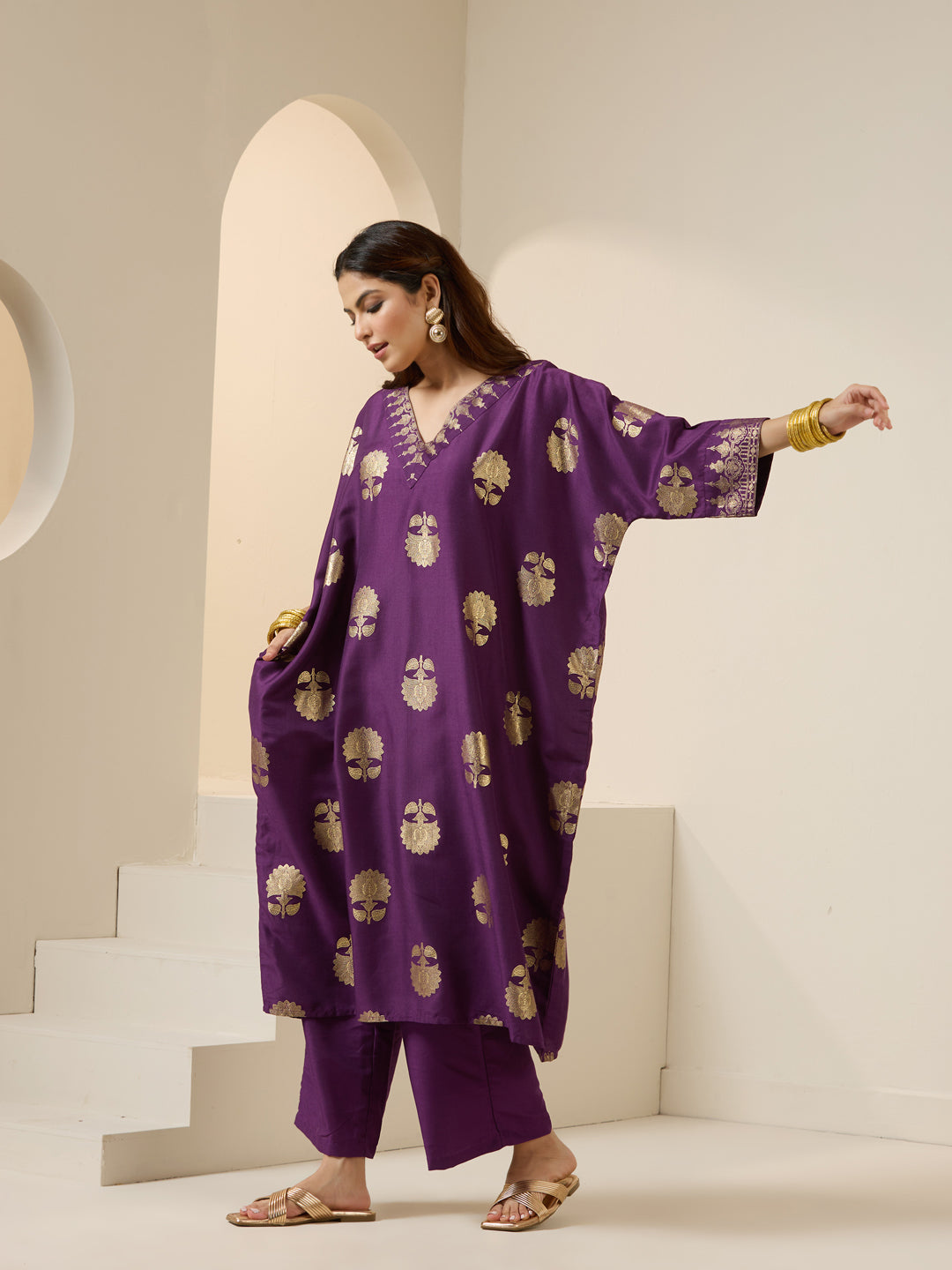 Soft Purple Polyester Chinon Foil Printed Kaftan Kurta Set With Straight Bottom & Dupatta