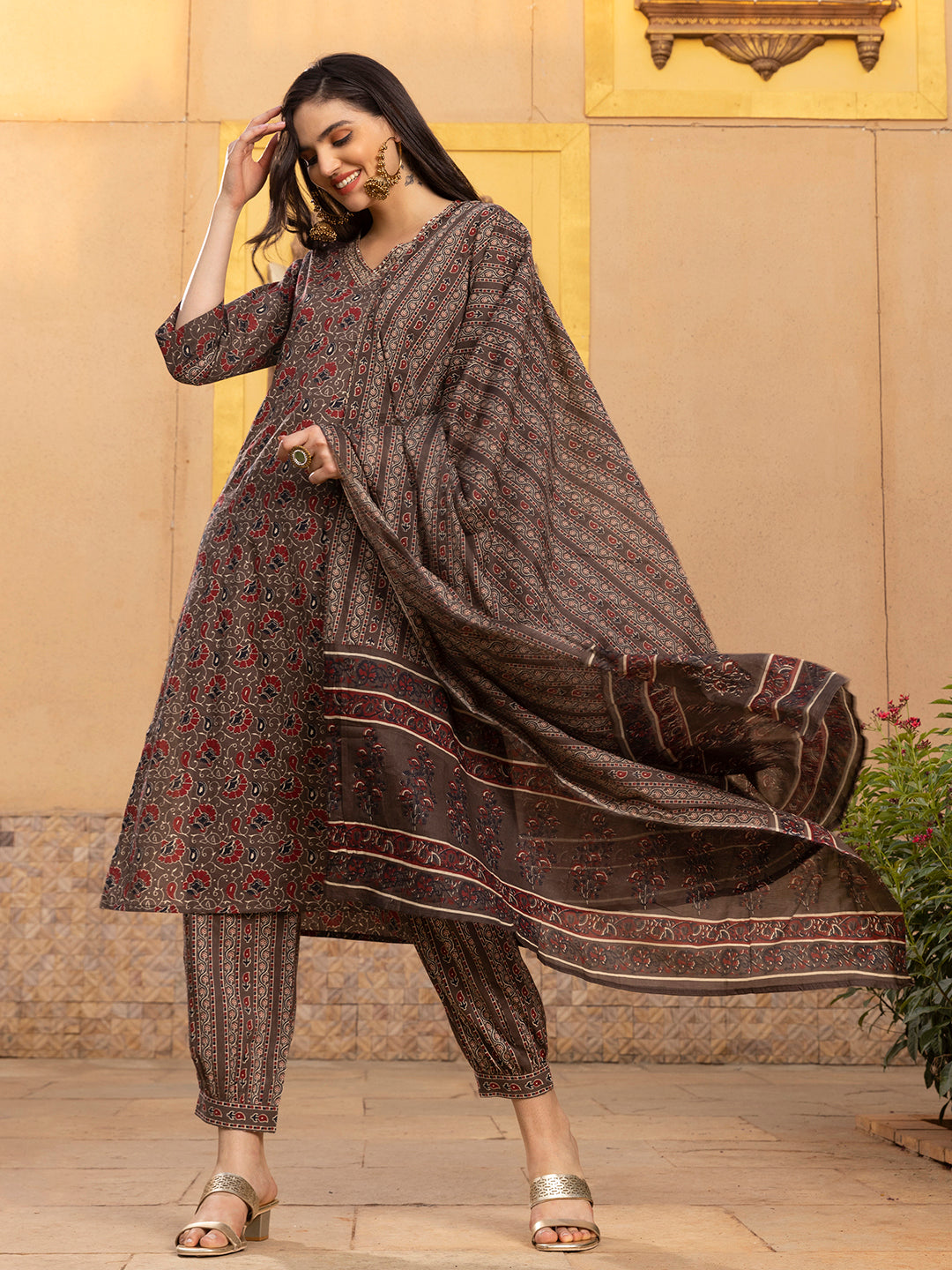 Kalamkari Printed Cotton Kurta with Trouser & Cotton Dupatta