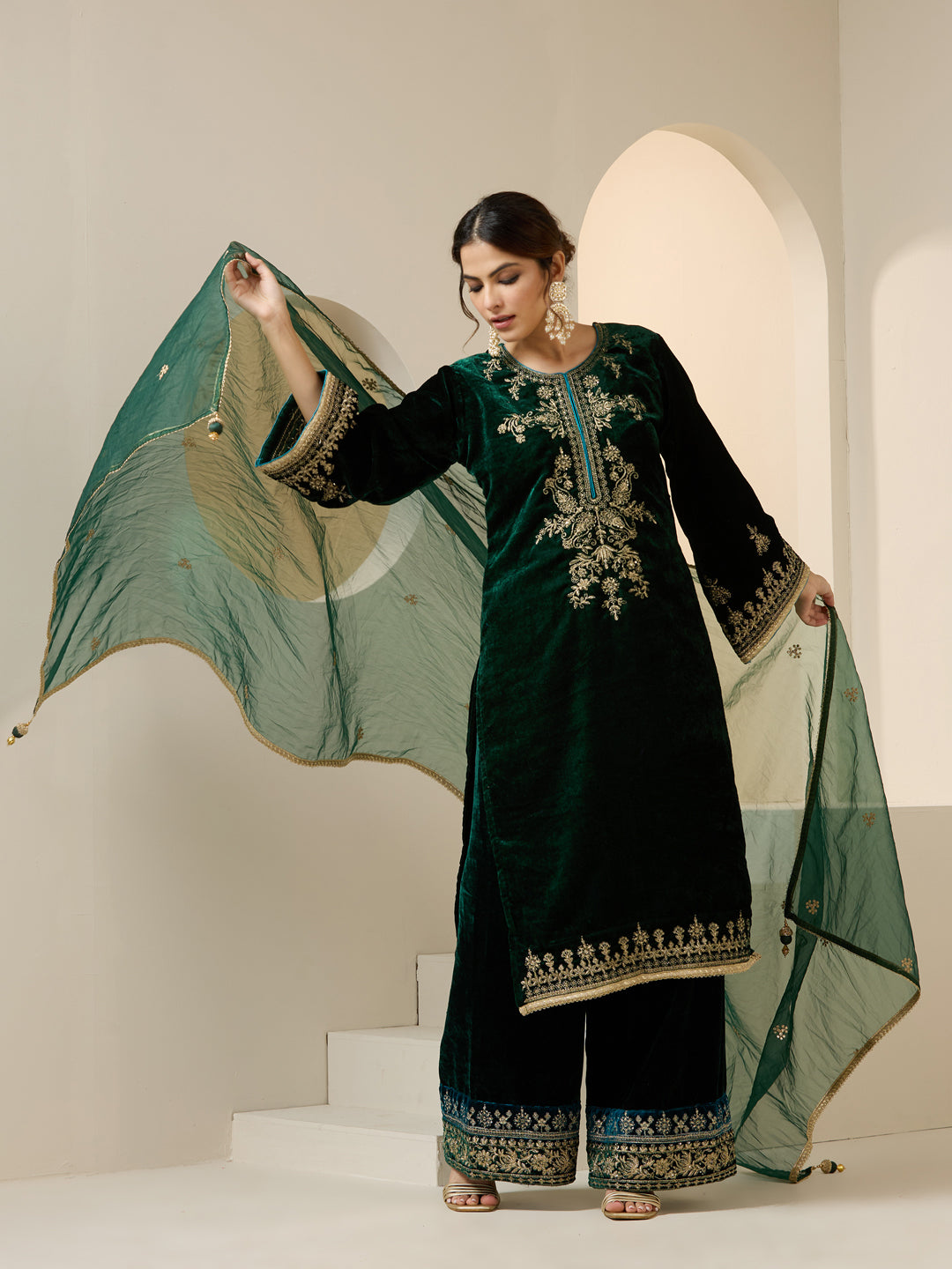 Rich Green Velvet Embroidered Straight Kurta Set With Palazzo Bottom And Dupatta