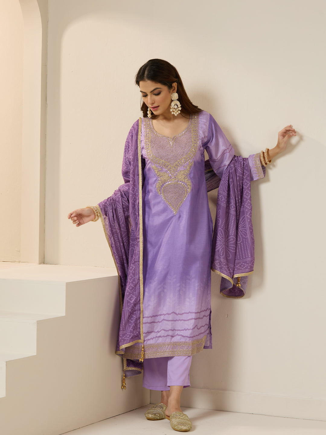 ISHIN Women lilac Polyester Chinon 3pcs kurta set