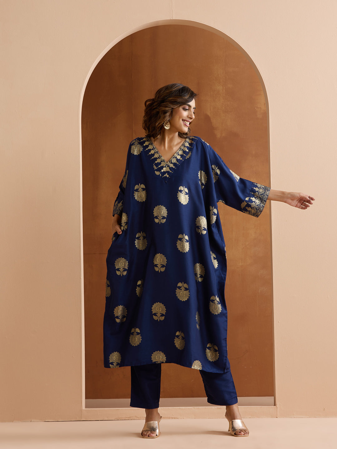 Soft Navy Polyester Chinon Foil Printed Kaftan Kurta Set With Straight Bottom & Dupatta