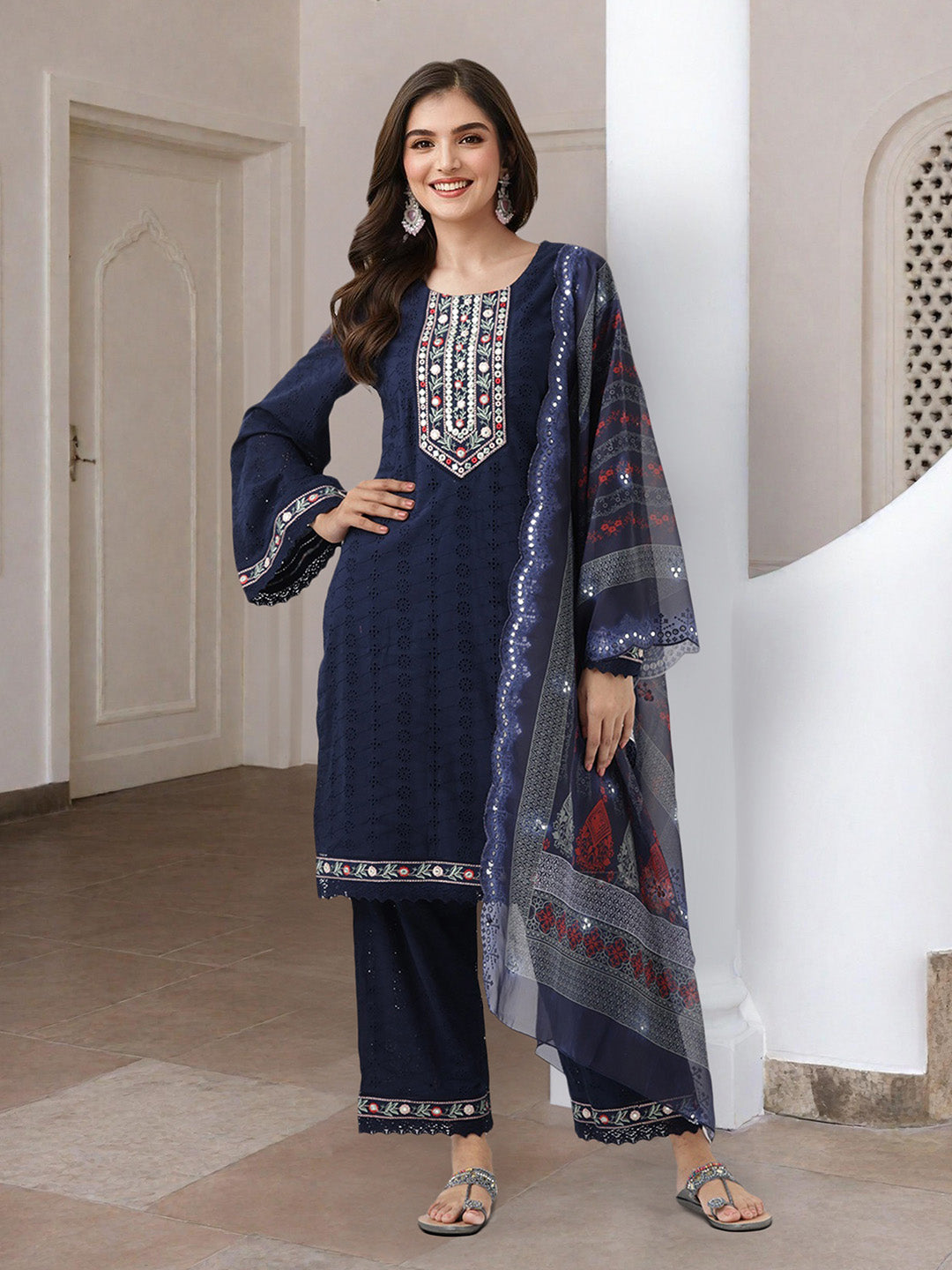 Rich Navy Blue Cotton Schiffli A-Line Kurta Set With Scalloped Dupatta