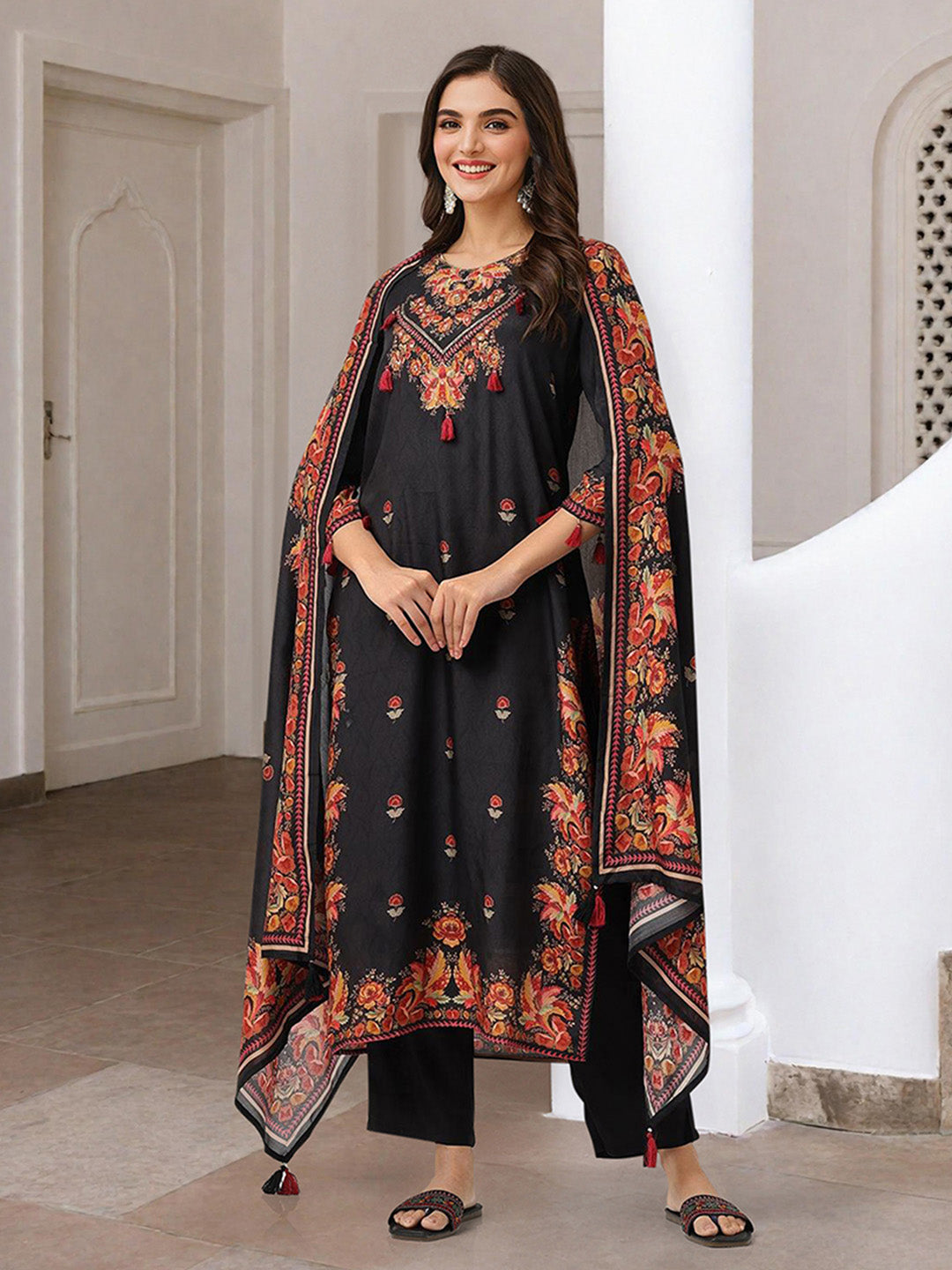 Soft Black Muslin A-Line Kurta Set With Flowy Printed Dupatta